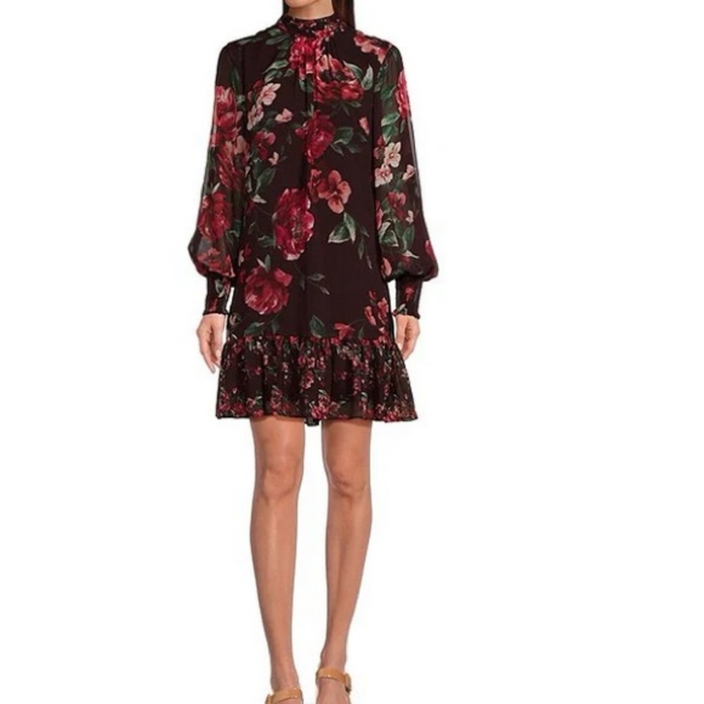 Alex Marie Black and Red Floral Long Sleeve Dress